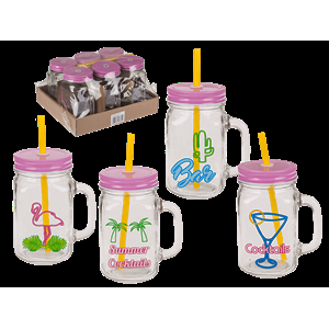 BICCHIERE RETRO SUMMER BARATTOLO C/MANICO + COP. 450ML 4ASS.