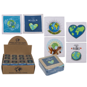 ASCIUGAMANO MAGICO IN COTONE SAVE THE PLANET 30X30 CM 6 ASS.